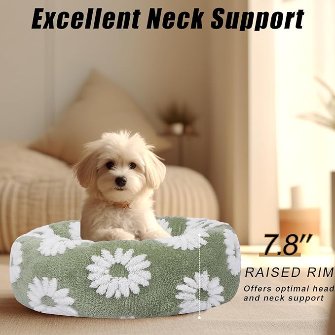 Calming Dog Bed, Dog Beds Fits up to 15 lbs Pets, Fluffy Donut Dog & Cat Bed Washable, Round Anti Anxiety Dog Bed, Small Dog Bed with Non-Slip Bottom (White, 20" x 20")