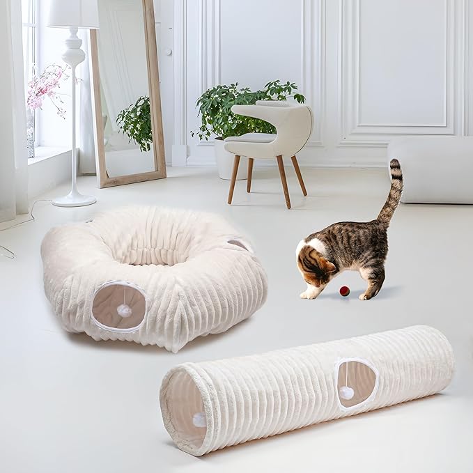 Luxurious Cat Tunnel,43" Straight Cat Tunnel Bed with Balls,Cat Toys for Indoor Cats,Collapsible Peekaboo Cat Cave for Kitten Toys（White Stripe）