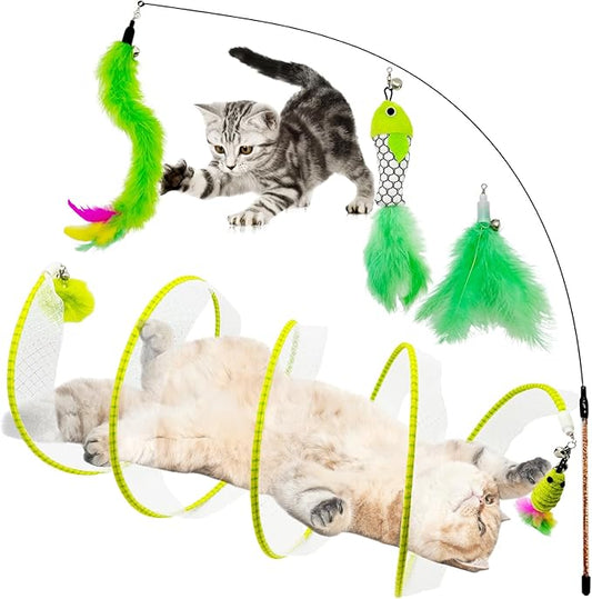 Spiral Tunnel Cat Toys, Self Play Cat Spiral Tunnel Toy, Folded Cat Tunnel Spring Toy for Indoor Cats (Green)