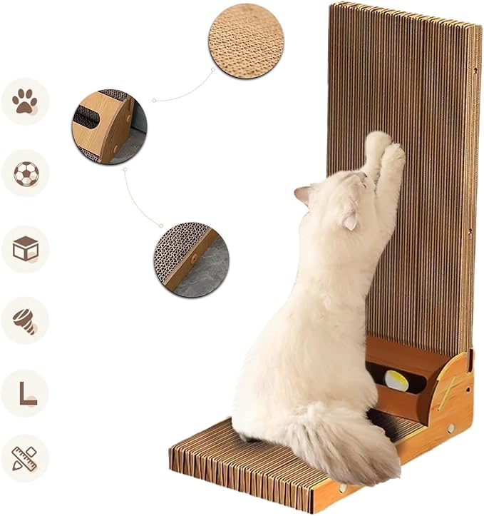 Pawfect L Shape Cat Scratcher with Bell 23.6 Inch Scratching Board with Box Cat Scratching Cardboard with Bell Ball Toy for Indoor Cats