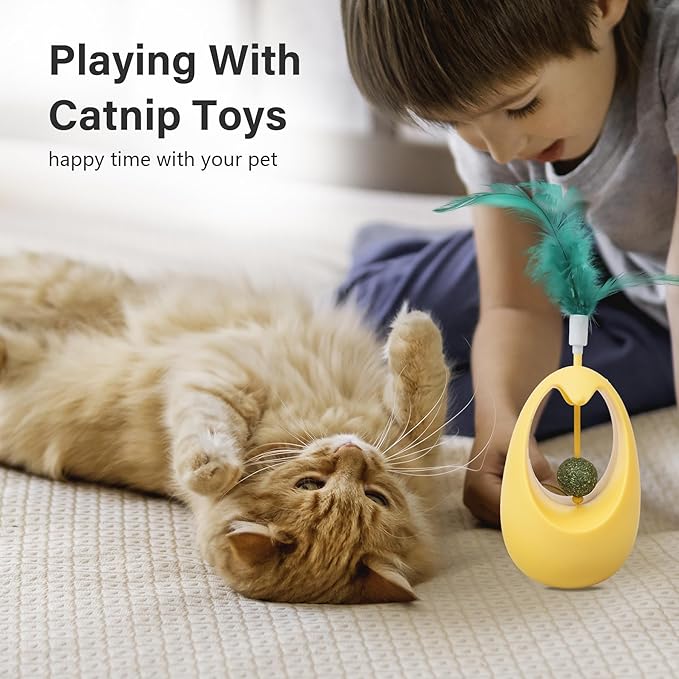 Catnip Toys for Cats with Feathers Tumbler Cat Toy with Edible Catnip Balls, Interactive Funny Toy Kitten Indoor Exercise/Plaything for All Breeds - Yellow