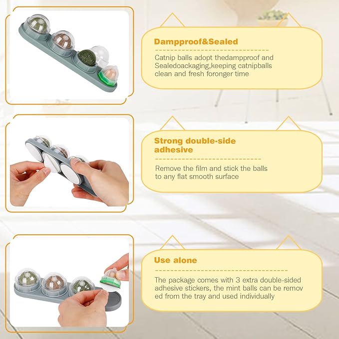 Catnip Ball for Cats Wall, 4 Pack, Silvervine Balls, Edible Toys, Lick Safe Healthy Kitten Chew & Teeth Cleaning Dental Toys, Wall Treats (Grey)