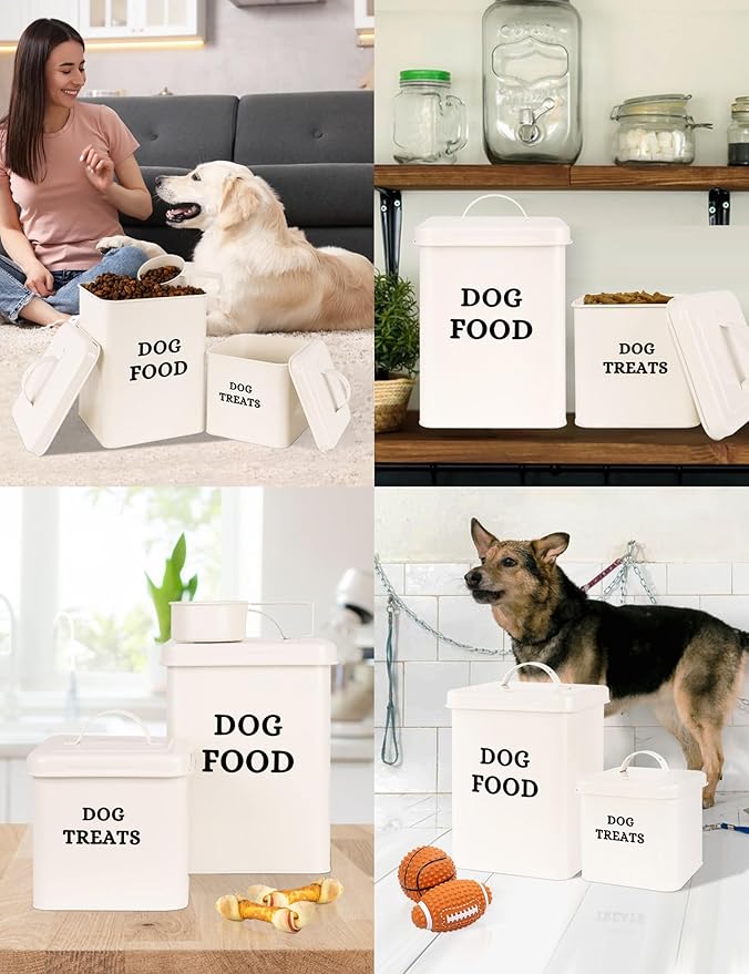 2 Packs Metal Airtight Dog Food Storage Container, Dog Treat Container With Lid & Scoop, Farmhouse Dog Treat Jar Dog Food Container, Cream