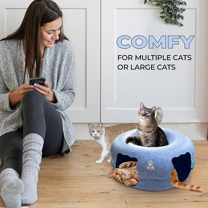 Peekaboo Cat Tunnel Bed-Large, Scratch-Resistant Donut Cave for Indoor Cats Up to 30-45 lbs, Detachable & Washable Design, Perfect Cozy Play & Rest Spot for Cats and Small Dogs (Blue, Large)