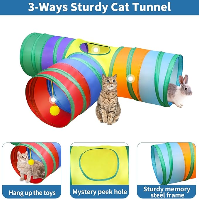 Malier Interactive Cat Tunnel Toys Set With Feather Toy, Crinkle Balls, and 3-Way Tube - Great for Kittens and Cats