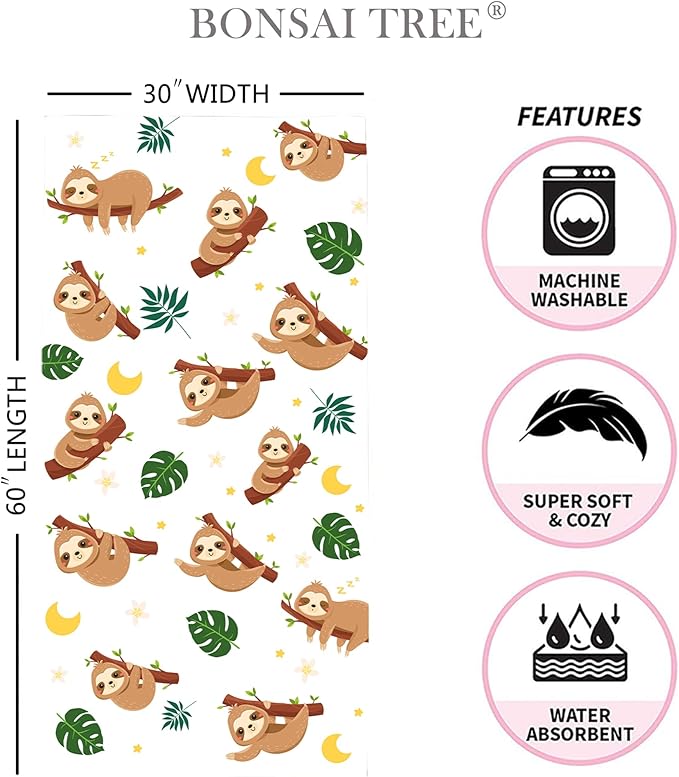 Bonsai Tree Beach Towel - Cute Sloth Gift for Kids, Women & Girls - Microfiber Bath Towel for Sloth Lovers - Funny, Sand-Free, Quick-Dry - 30x60