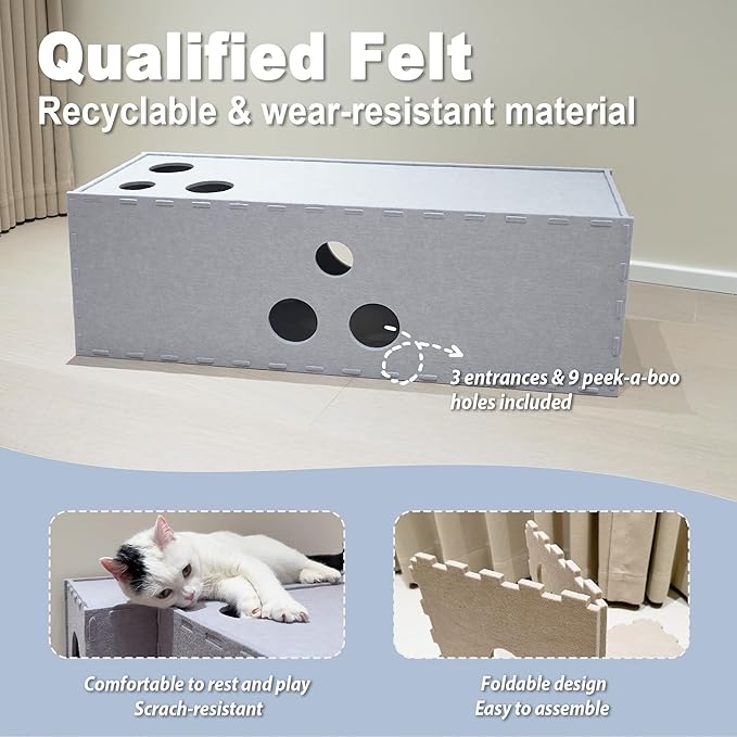 Meeyoview Cat Tunnel, Felt Cat Tunnels for Indoor Cats, Peekaboo Cat Hideaway Cave, Straight Cat Tunnel Bed, Interactive Cat Cube Toys for Small Medium Large Cats