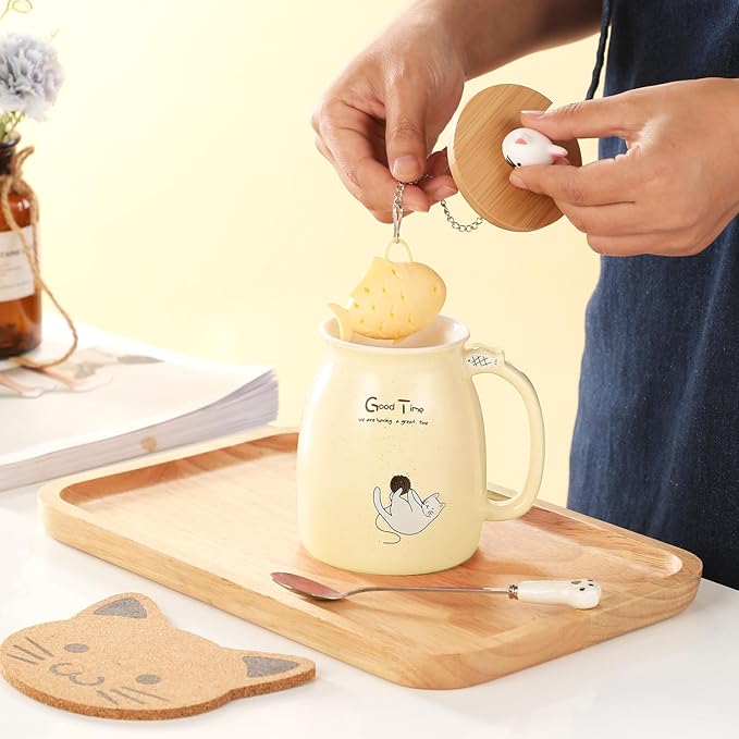 BigNoseDeer Tea Cup With Infuser and Lid Ceramic Coffee Mug Kawaii Cat Mug Cute Mugs Tea Mug Cute Cool Preppy Stuff Cat Gifts Birthday Gifts Cute Gifts for Women Girls(13oz)