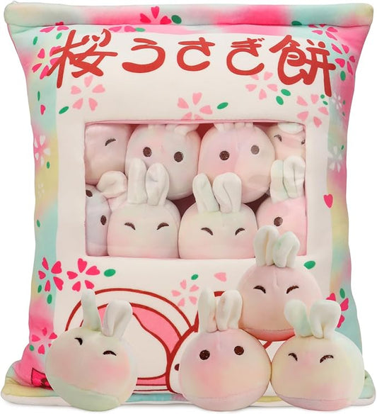 Cute Bunny Plush Pillow with Plushies, Stuffed Bunny Gift for Kids, Kawaii Rabbit Pudding Toy for Christmas (Colorful)