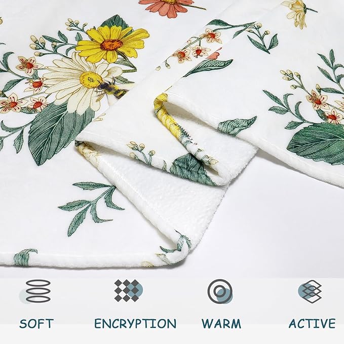 Floral Flower Throw Blanket Bee Flannel Fleece Throw Blanket Botanical Plant Cozy Fuzzy Plush Throw Blankets for Bed Chair Couch 50" X 60"