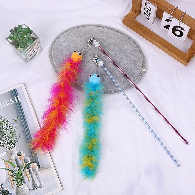 Andiker Cat Feather Toys, 2PCS Cat Wand Toys with Bell&Plush Balls, 12in Colourful Interactive Kitten Teaser Toy, Funny Interactive Cat Toys for Cat Indoor Playing Training Chasing (Red + Green)
