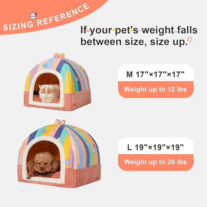 Jiupety Cute Cat House for Large Cat, Cat Beds for Indoor, 2-in-1 Cat Cave Bed, Large Cat Bed Cat Hideaway, Large, Rainbow.
