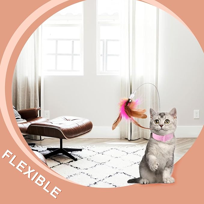 2pcs Cat Teaser Wand Toy, Cat Teasing Wand Collar Silicone Adjustable Cat Wand Toy Feather with Bell Cat Interactive Teaser Toys for Indoor Cat Kittens Playing Exercise (Pink)