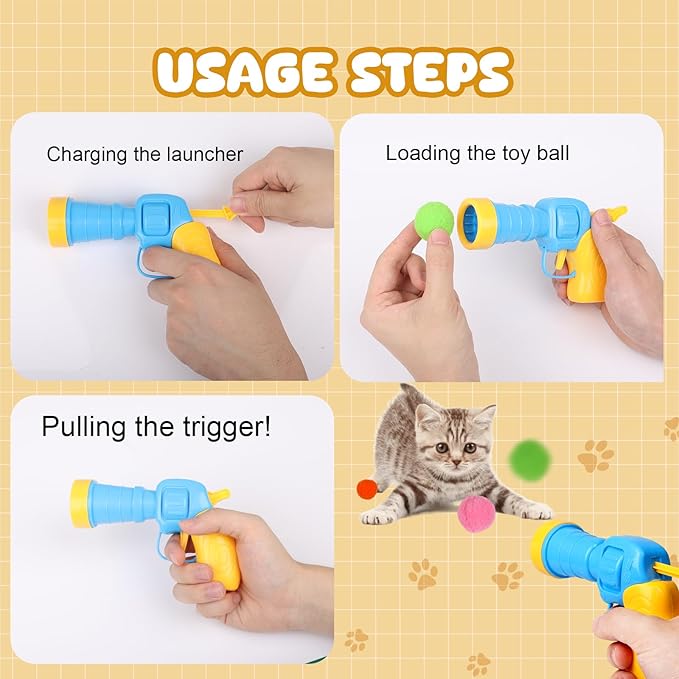 Cat Toy Balls with Launchers Set (2+100), 100 Cat Pom Pom Balls & 2 Cat Toy Ball Launchers (Durable Reinforced Edition), Cat Enrichment Toys, Interactive Cat Toy Balls, Soft & Safe Cat Toys