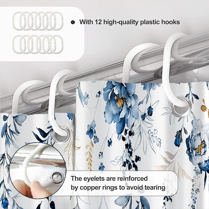 AWERT Blue Plants Shower Curtain with Hooks Watercolor Leaves Shower Curtain for Bathroom Waterproof Bathroom Accessories Bathtub Decor 60x72inch