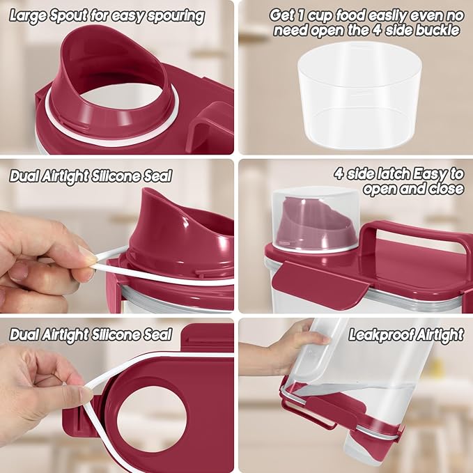 5-7LBS Dog Food Storage Container,Cat Food Storage Contain PBA-free. The Pet Food Storage Container with 4 -Buckle Handle Design is Leak Proof, Easy to Clean and Portable-Elegant Red