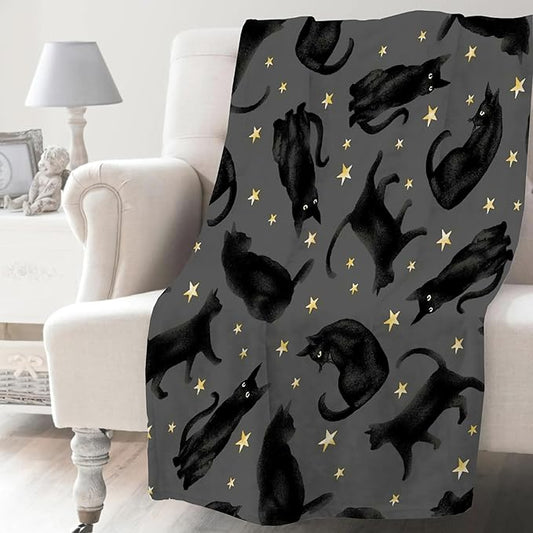 Khumbhira Cute Black Cats and Stars Moon Super Soft Fleece Flannel Blankets Birthday Throw Blanket Bedding Cover All Season for Picnic Couch Extra Large 120"x90" Overking