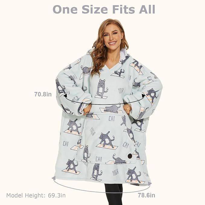 THREE POODLE Wearable Blanket Hoodie for Women, Oversized Sherpa Sweatshirt Blanket for Adults Men, Warm Cozy Cat Hooded Blanket, Gifts for Mom Girlfriend Sister