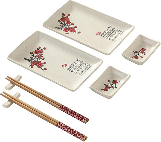 8 pcs Japanese Sushi Plate Sets Serving Platters and Trays for Entertaining Sushi Dishes Set Plates Sushi Plates Traditional Cuisine Dinnerware Sets with Chopsticks Red Plum Blossom
