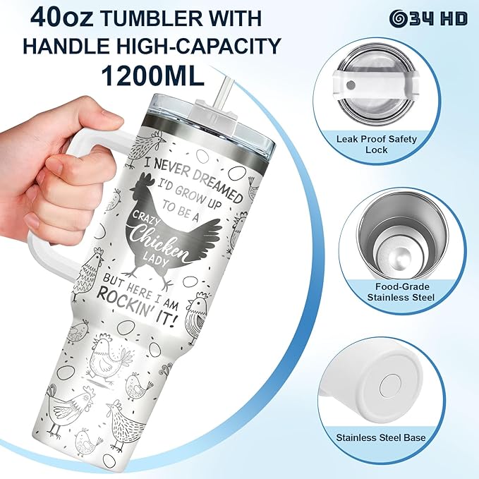 34HD Crazy Chicken Lady Tumbler with Handle and Straw, 40oz Engraved Mama Hen Coffee Mug with Lid, Funny Chicken Gifts for Girls Women on Birthday Mothers Day Christmas