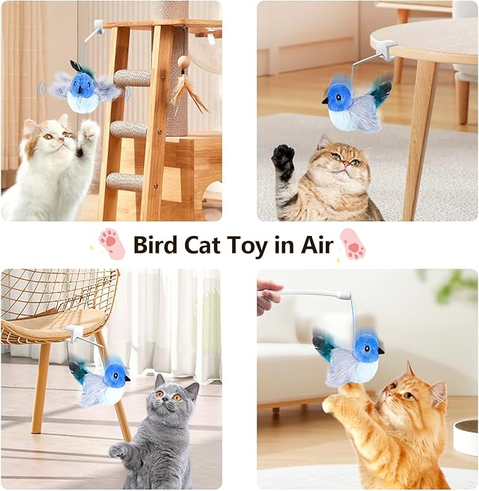 Migipaws Cat Toys,Interactive Lifelike Robin Flying Flapping Bird with Catnip, Feathers Hanging by Elastic String, Automatic Chirping Kitten Toys for Indoor Cats Self Play, Rechargeable(Blue)