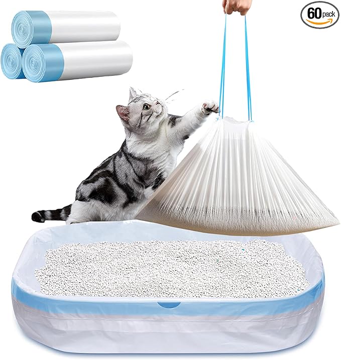 60 Count Small Cat Litter Box Liners, Heavy Duty Cat Litter Bags, Extra Thick Litter Pan Liners with Drawstring for Pet Cat Litter Tray (Blue, 26.4" x 15.8")
