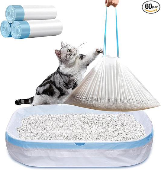 60 Count Small Cat Litter Box Liners, Heavy Duty Cat Litter Bags, Extra Thick Litter Pan Liners with Drawstring for Pet Cat Litter Tray (Blue, 26.4" x 15.8")