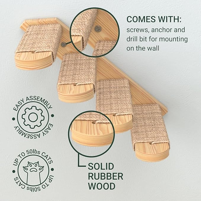 Skywin Cat Wall Steps - Solid Rubber Wood Cat Stairs Great for Scratching and Climbing - Easy to Install Wall Mounted Cat Shelves for Playful Cats (Wood, Right-Left)