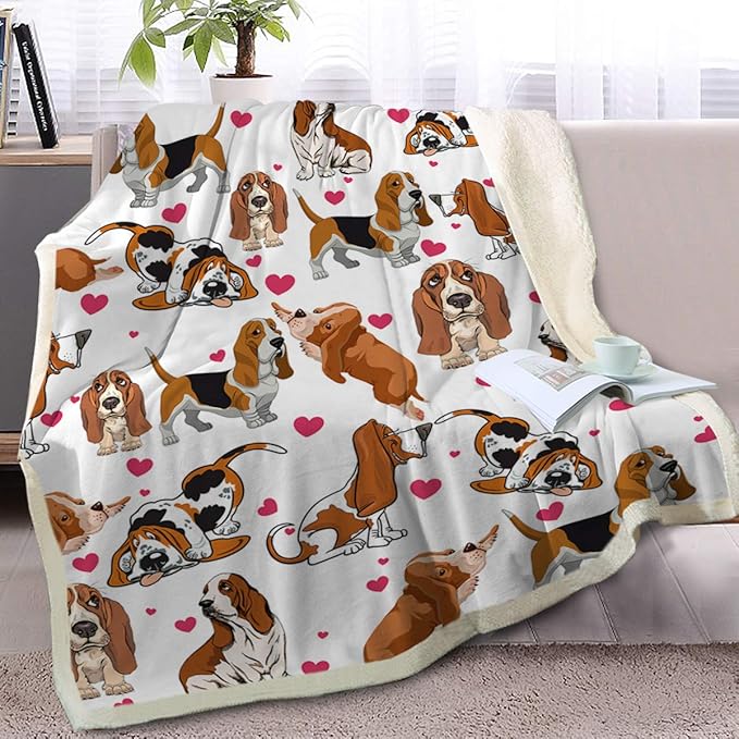 BlessLiving Red Hearts Dog Print Sherpa Plush Blanket Cute Puppy for Kids Adults 3D Animal Print Lightweight Blanket Bassett Hound Gifts Gift for Pet Lovers (Basset Hound,Twin, 60 x 80 Inches)