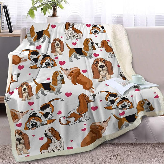 BlessLiving Basset Hound Fleece Blanket - Red Hearts, Warm & Thick, Cute Puppy Sherpa Throw for Kids & Adults, 3D Animal Print Plush, Gift for Pet Lovers (50 x 60 Inch)