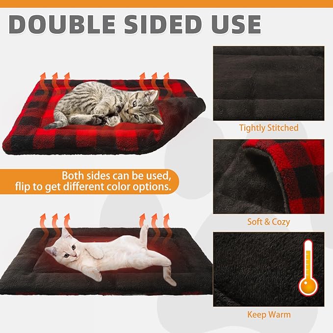 KOOLTAIL Double Used Self Warming Cat Bed Self Heating Cat Dog Mat 28*19inch, Soft Thermal Pet Pad for Indoor Outdoor, Washable Cat Bed Blanket for Large Kitten Puppy Small Animal, Buffalo Plaid Red