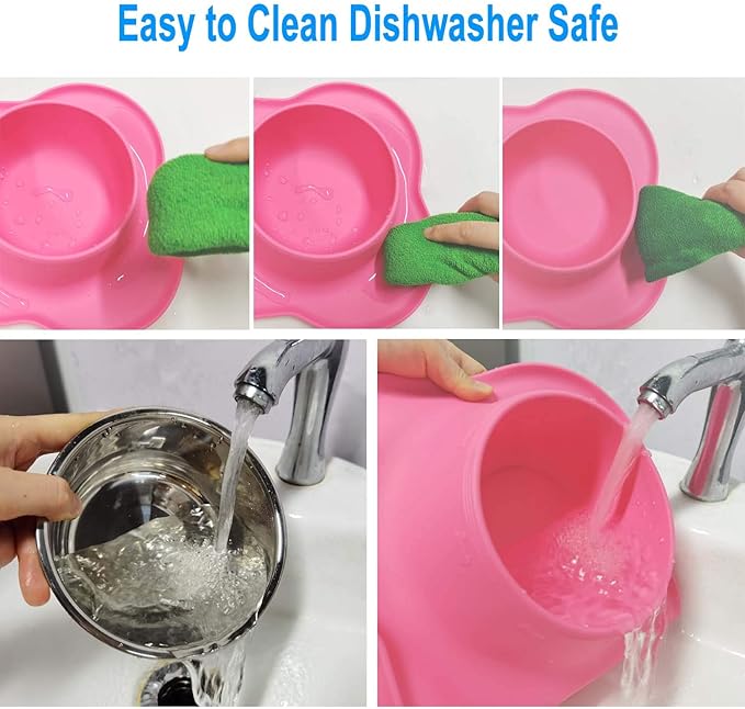 AsFrost Dog Food Bowls Stainless Steel Pet Food Bowls & Dog Water Bowls, Dog Bowls Silicone Mat No Spill Non-Skid Feeding Bowls for Small Size Dog Puppy Cat Food Dish, Pink, 3 Cup/24oz, Set of 2 Bowls