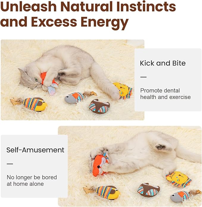 Potaroma Cat Toys Jungle Animals, 5 Pack Bite Resistant Catnip Toys, Interactive Cat Kicker Toys for Indoor Cats, Promotes Kitten Exercise, 3.5 Inches