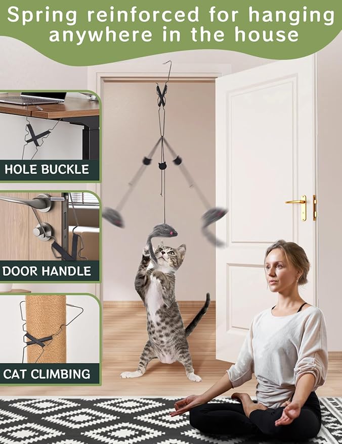 Hanging Interactive Cat Toy for Indoor Cats, 3 Pack Retractable Cat Feather Toy Kitten Toys with Bell/Elastic Rope/Adjustable Buckle for Play Chase Exercise Teaser