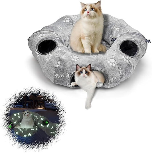 Lahas Cat Tunnels Bed for Indoor Cats - Donut Tubes Adjustable Shape, Washable Circle Cushion, Pet Play Balls and Holes, Self-Luminous Cat Toys