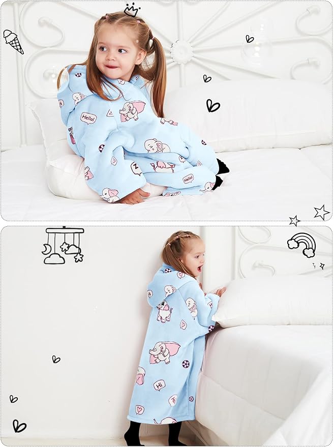 KFUBUO Wearable Blanket Hoodie for Kids Toddlers Sherpa Blanket Sweatshirt With Pocket Cute Hoodies 2-6 Year Old Girl Boy Birthday Gifts Elephant