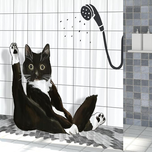 Black Cat Shower Curtain, Funny Kitty Cute Animal Plaid Machine Washable Waterproof Durable Fabric for Bathroom Decor Bathtub with 12 Hooks 72x72