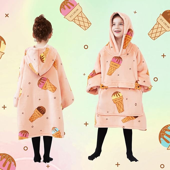 KFUBUO Wearable Blanket Hoodie for Kids Sherpa Patterns Oversized Sweatshirt Blanket With Pocket 6-10 Year Old Girl Birthday Gifts Ice Cream