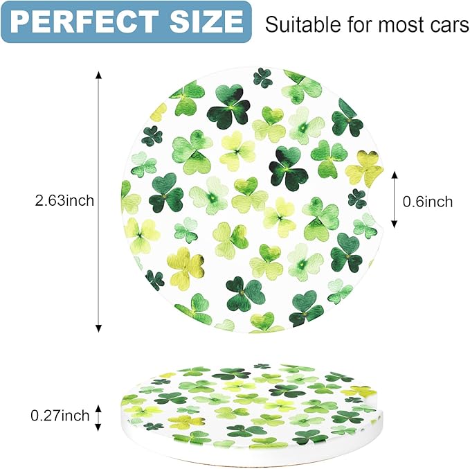 2 Pack Car Cup Holder Coaster, 2.63 inch Anti Slip Insert Absorbent Ceramic Car Coaster with Cork Base and Finger Notch, Cute Car Accessories Interior for Women, Cute Car Coasters., Clover