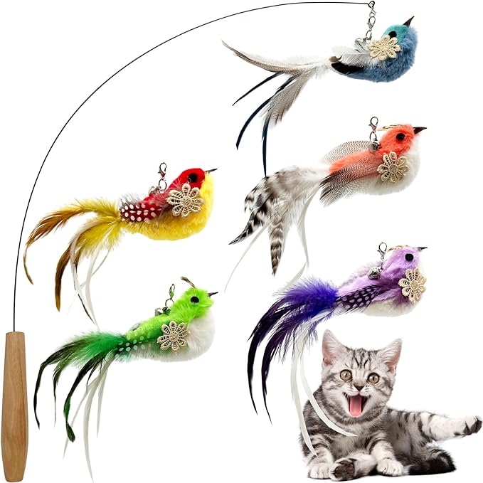 Cat Wand Toy, 6 PCS Cat Wand Bird Feather Toy, Interactive Cat Feather Toy Bird for Indoor Cats Play Exercise