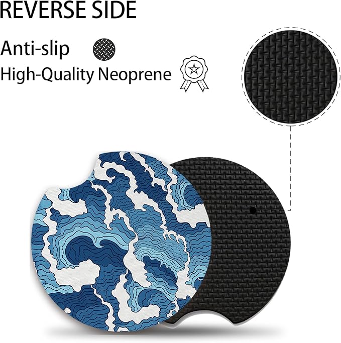 2pcs Car Cup Holder Coasters Sea Wave Pattern Car Coasters，Universal Auto Anti Slip Coasters,Rubber Car Coasters with A Finger Groove, Cute Car Accessories for Women&Men