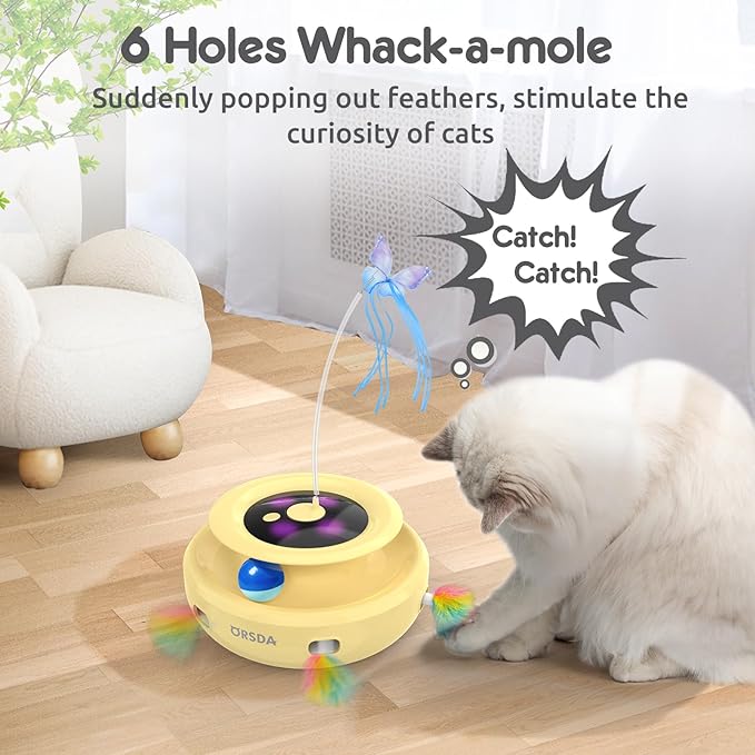 ORSDA Cat Toy, 3-in-1 Automatic Cat Toys for Indoor Cats, Electronic Whack a Mole, Fluttering Butterfly,Track Balls Kitten Toy, Rechargeable Power Interactive Feather Toys for All Breeds
