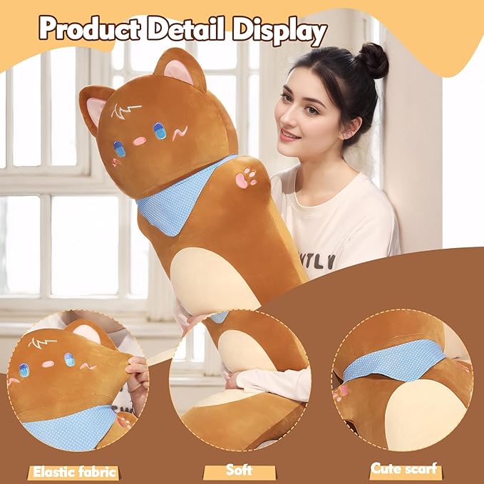 Long Cat Plush Pillow, 39.4inches Cute White Cat Plushie Stuffed Animals Body Pillow, Kawaii Kitten Soft Plushie Doll Toy Birthday Gift for Kids Girlfriend