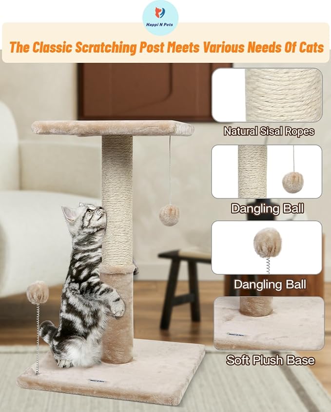 Happi N Pets 26" Cat Scratching Post with Perch, Natural Sisal Scratchers Trees for Indoor Cats, Featuring with Hanging Balls & Cozy Cat Bed, Stable Cat Scratch Posts for Kittens-Beige