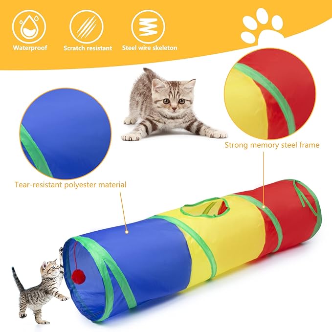 Sheldamy Cat Tunnel, 2-Way Cat Tunnels for Indoor Cats, Collapsible Cat Play Tunnel, Interactive Toy Maze Cat House with 1 Play Ball for Cats, Puppy, Kitty, Kitten, Rabbit (Rainbow)…
