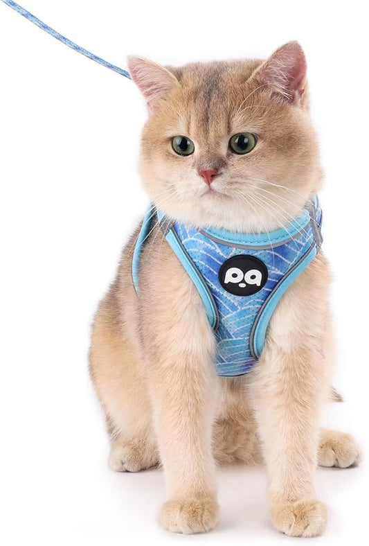 Cat Vest Harness Leash Set: Escape Proof & Reflective Kitten Soft Mesh Vest for Small Medium Large Puppy Pets Walking Hiking and Traveling(Large,Blue)