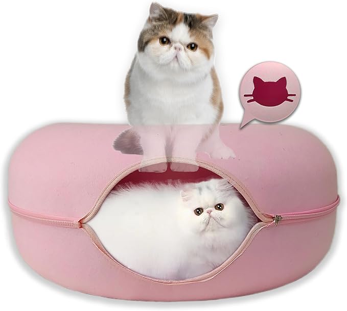 Donut Cat Tunnel Bed Peekaboo Cat Cave for Large Cats Up to 30 Lbs, Kitty Interactive Playing Tent House for Multiple Cats,Detachable,Scratch Resistant (Pink, Large - 24 Inch Diameter)