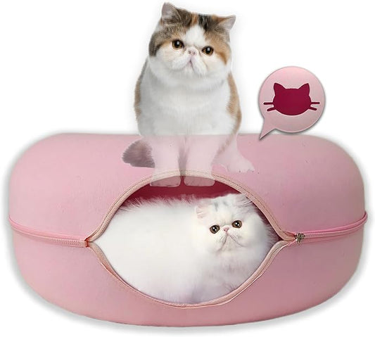 Donut Cat Tunnel Bed Peekaboo Cat Cave for Large Cats Up to 30 Lbs, Kitty Interactive Playing Tent House for Multiple Cats,Detachable,Scratch Resistant (Pink, Large - 24 Inch Diameter)