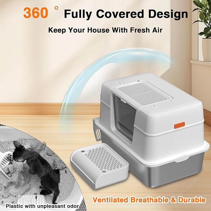 3-in-1 Stainless Steel Cat Litter Box with Removable Lid-Enclosed XL Extra Large High-Sided Metal Box for Small & Big Cats with Scoop-Easy to Clean, Odor Control, Non-Sticky,Anti-Leakage (White)