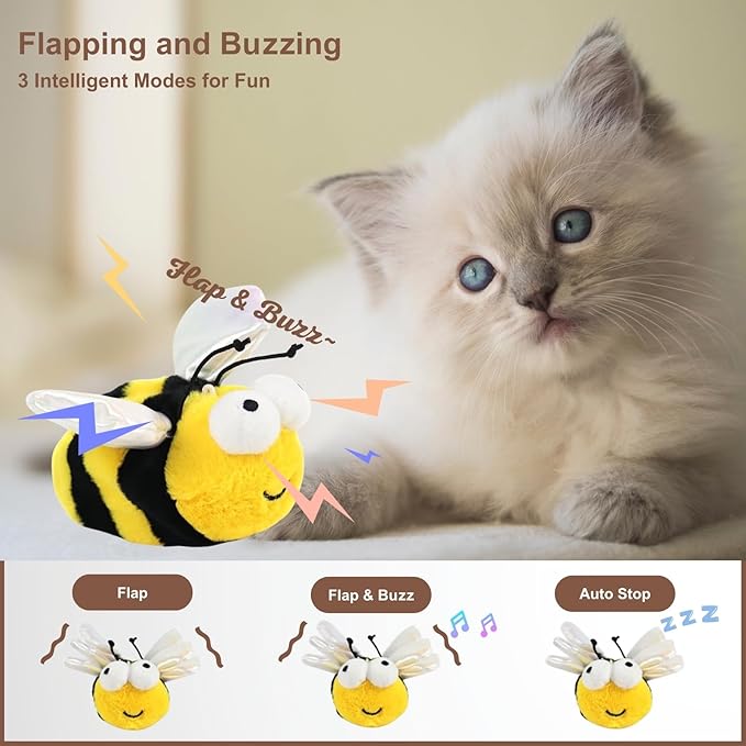 Interactive Flapping Bird Cat Toys, Rechargeable, Touch Activated, Catnip, Chirping Bird Toys for Indoor Cats and Kittens (Bee)